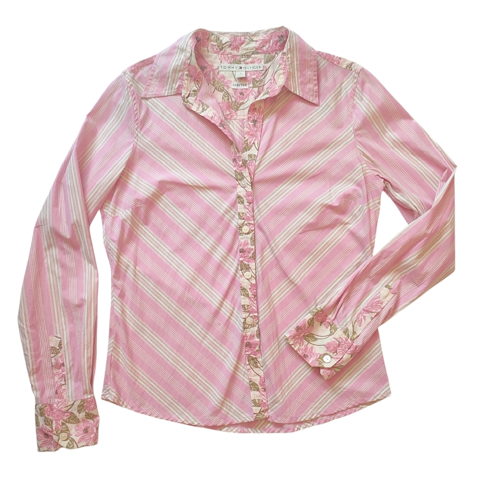 Tommy Hilfiger Pink Floral Striped Buttoned Down Shirt Size 8